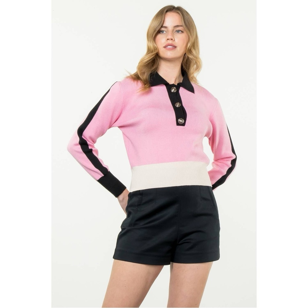 THML Colorblock Pink & Black Knit Polo Sweater, Size Small
